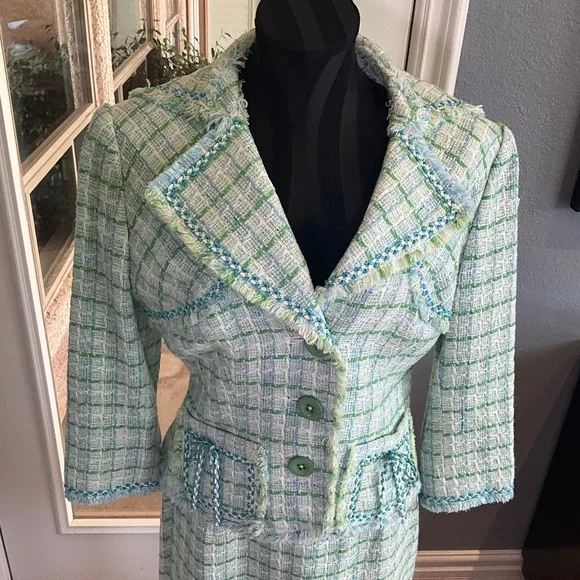 Kay Unger Y2K Preppy Tweed Plaid Skirt Suit Country Club Romantic Green White 10 - Picture 7 of 16